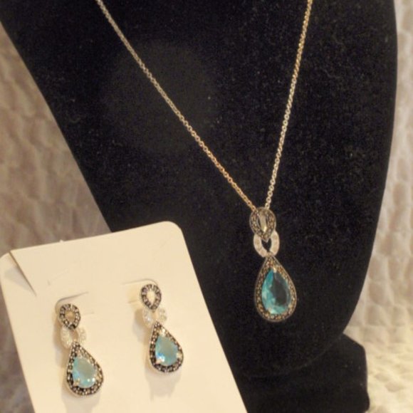 NWOT Plated Topaz Sterling Silver and Marcasite Teardrop Necklace,earrings - Picture 3 of 12